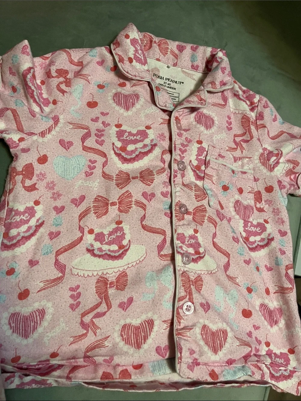 Posh Peanut Pink Heart & Cake Print Short Sleeve Pajama Set Sz 3-4T